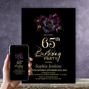 Black Purple Pink Floral 65th Birthday Party Invitation