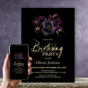 Black Purple Pink Floral Any Age Birthday Party Invitation