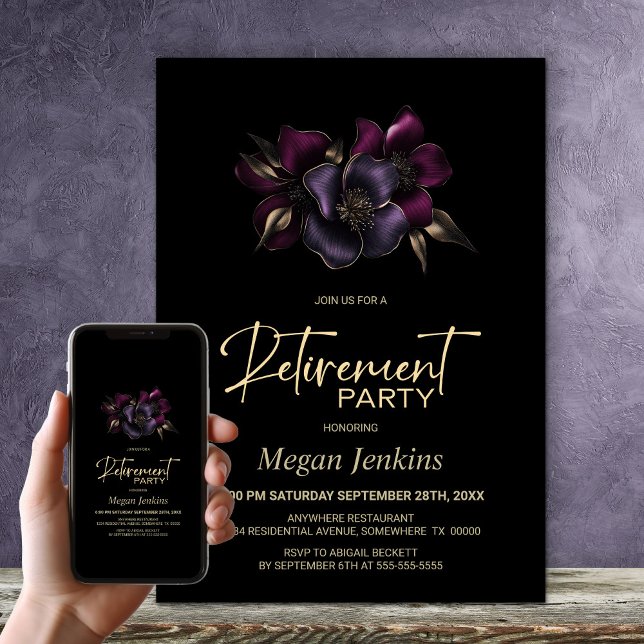 Black Purple Pink Floral Retirement Party Invitation (Creator Uploaded)