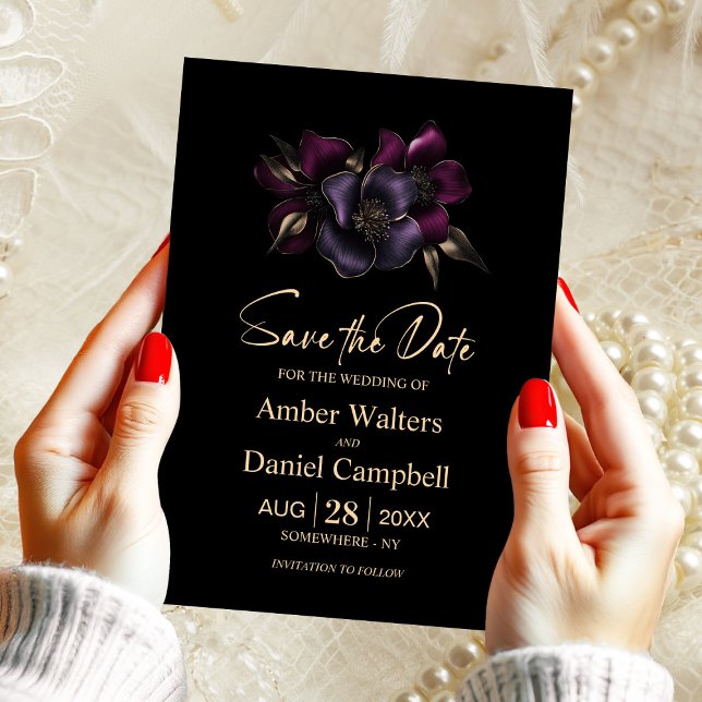 Black Purple Pink Floral Save the Date Invitation (Creator Uploaded)