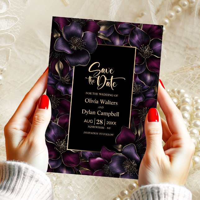 Black Purple Pink Floral Wedding Save the Date Invitation (Creator Uploaded)