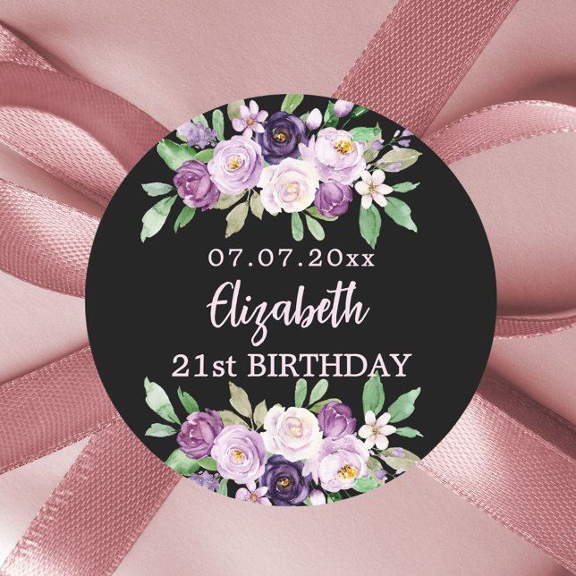 Black purple pink lavender florals birthday classic round sticker (Creator Uploaded)