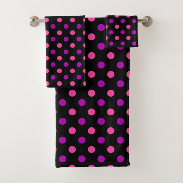 Black Purple Pink Polka Dots Pattern  Bath Towel Set (Insitu)