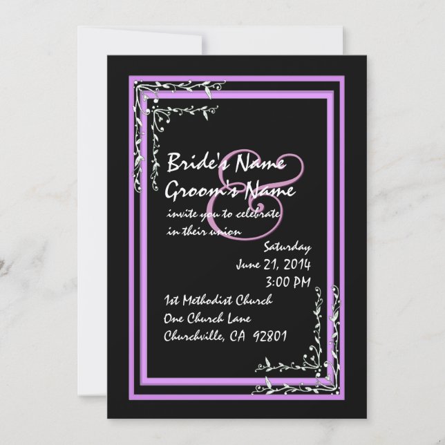 Black & Purple Pink Scroll Work Wedding Invitation (Front)