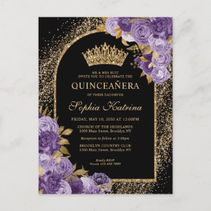Black Purple Plum Gold Glitter Floral Quinceanera Invitation Postcard