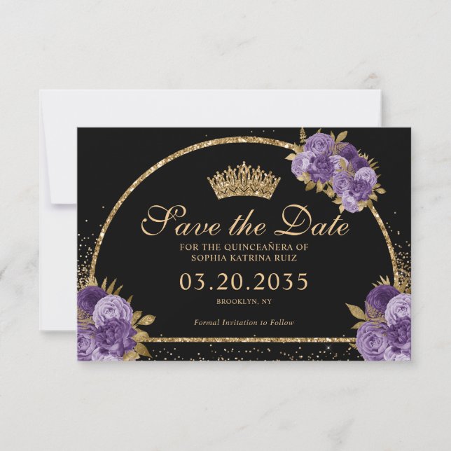 Black Purple Plum Gold Glitter Floral Quinceanera Save The Date (Front)