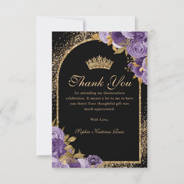 Black Purple Plum Gold Glitter Floral Quinceanera Thank You Card (Front)