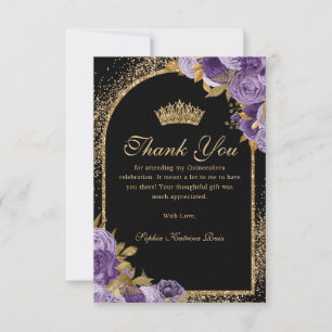 Black Purple Plum Gold Glitter Floral Quinceanera Thank You Card