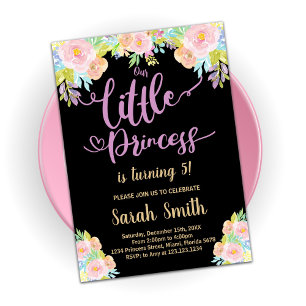 Black Purple Princess Birthday Invitations