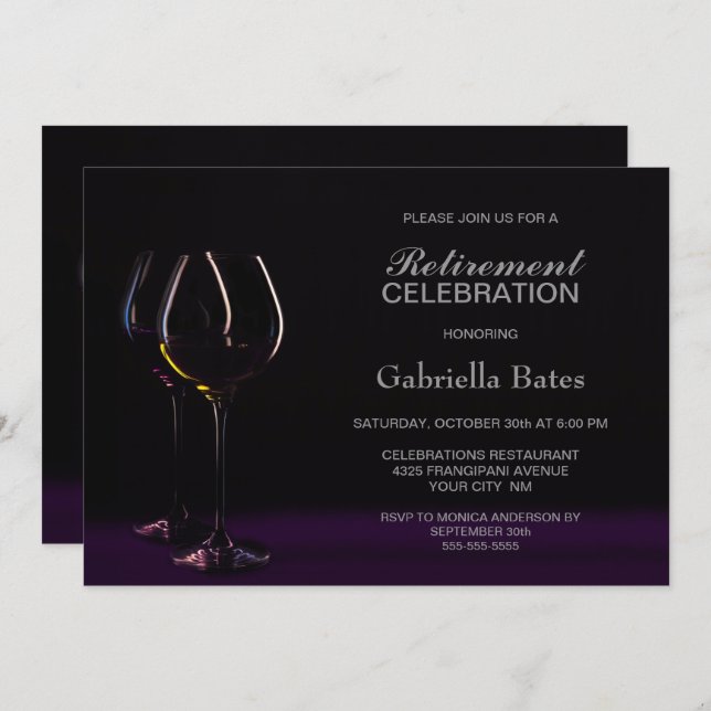 Black Purple Retirement Wine Glass Party Invitation (Front/Back)