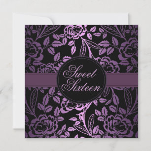 Black/Purple Rose Design Birthday Invitation