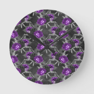Black Purple Rose Elegant Silver Leaves Garden Round Clock