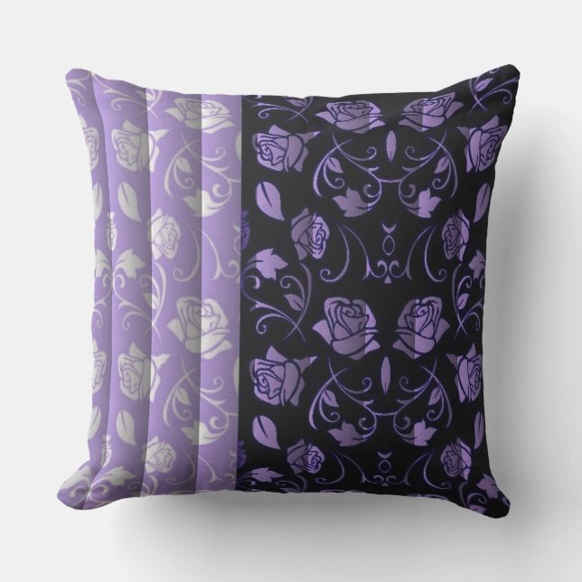 Black & Purple Rose Floral Panels Throw Pillow (Front)