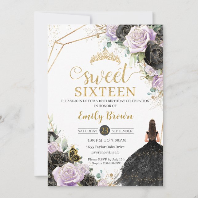Black Purple Roses Floral Princess Sweet Sixteen Invitation (Front)