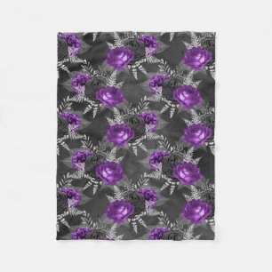 Black Purple Roses Silver Leaves Dark Garden Fleece Blanket