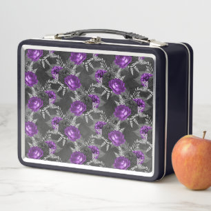 Black Purple Roses Silver Leaves Dark Garden Metal Lunch Box