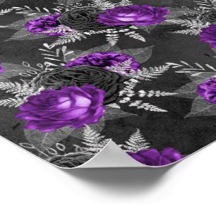 Black Purple Roses Silver Leaves Dark Garden Poster