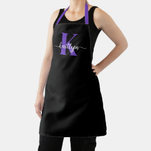 Black Purple Script Monogram Apron