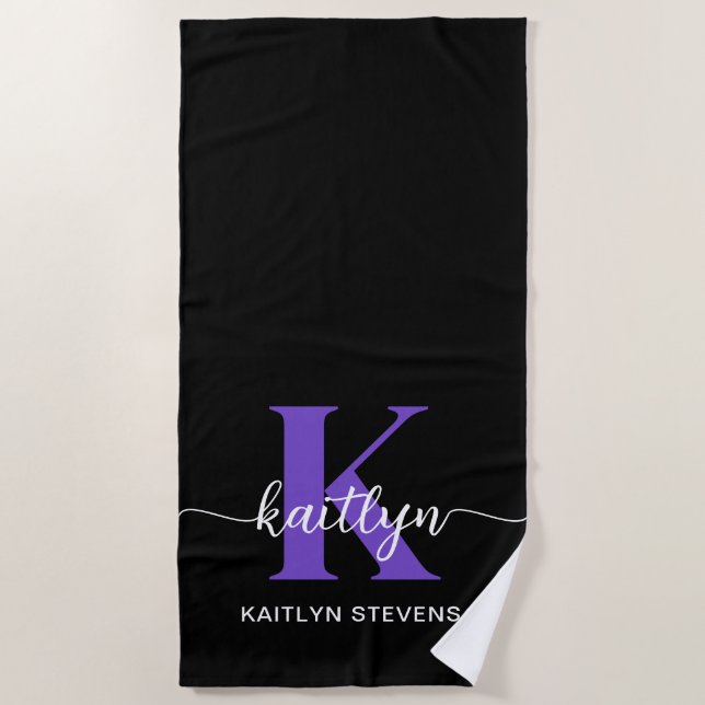 Black Purple Script Monogram Beach Towel (Front)