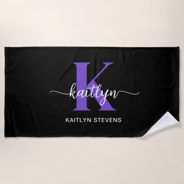 Black Purple Script Monogram Beach Towel (Front)