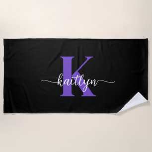 Black Purple Script Monogram Beach Towel