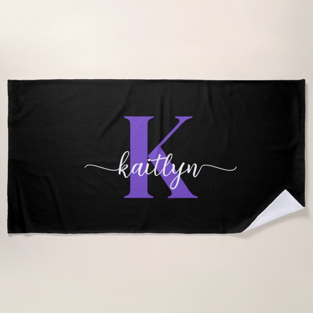 Black Purple Script Monogram Beach Towel (Front)