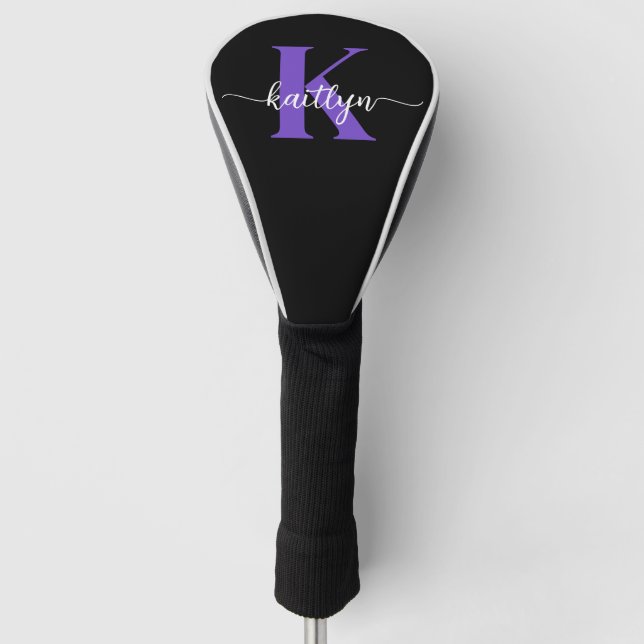 Black Purple Script Monogram Golf Head Cover (Front)