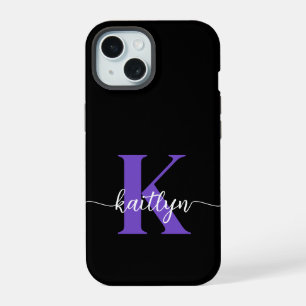 Black Purple Script Monogram iPhone 15 Case