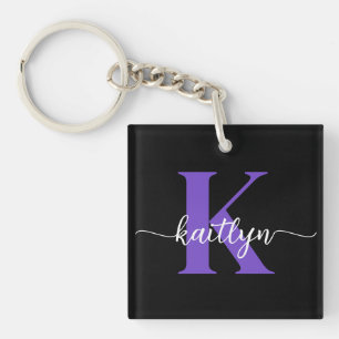 Black Purple Script Monogram Key Ring