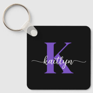 Black Purple Script Monogram Key Ring