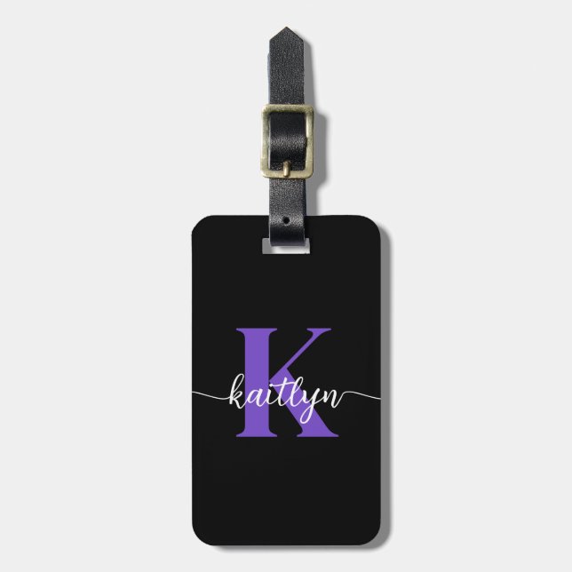 Black Purple Script Monogram Luggage Tag (Front Vertical)