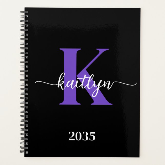 Black Purple Script Monogram Planner (Front)