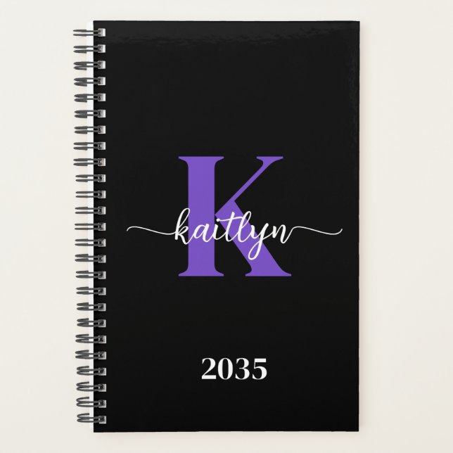 Black Purple Script Monogram Planner (Front)