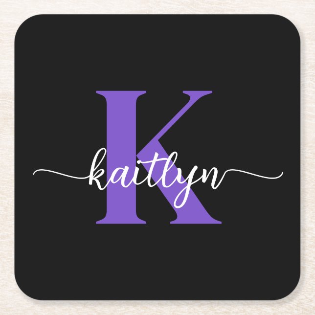 Black Purple Script Monogram Square Paper Coaster (Front)