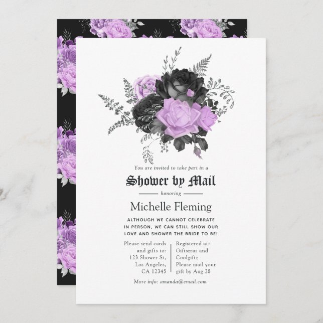 Black Purple & Silver Floral Bridal Shower by Mail Invitation (Front/Back)