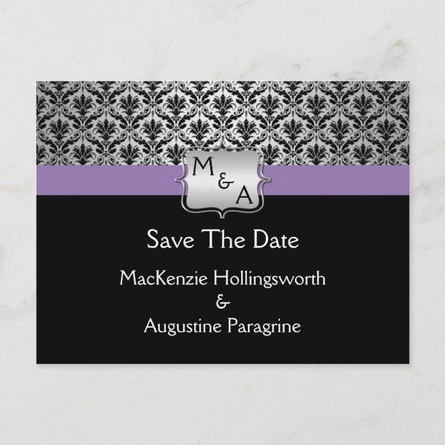 Black Purple Silver Monogram Damask Save The Date Announcement Postcard (Front)