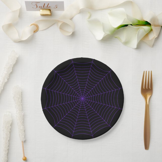 Black purple spider web Halloween pattern Paper Plate (Wedding)