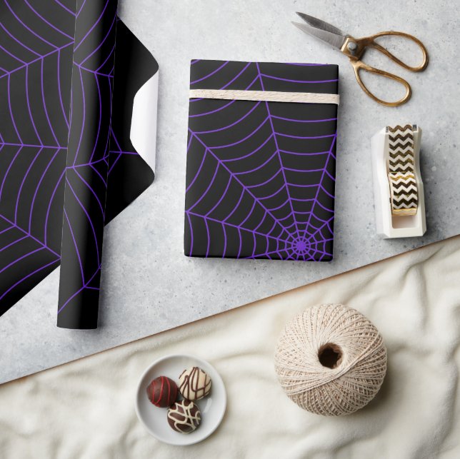 Black purple spider web Halloween pattern Wrapping Paper (Crafts)