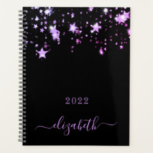 Black purple stars monogram name script planner