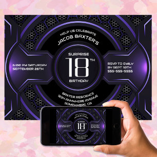 Black Purple Surprise 18th Birthday Party Invitation