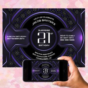 Black Purple Surprise 21st Birthday Party Invitation