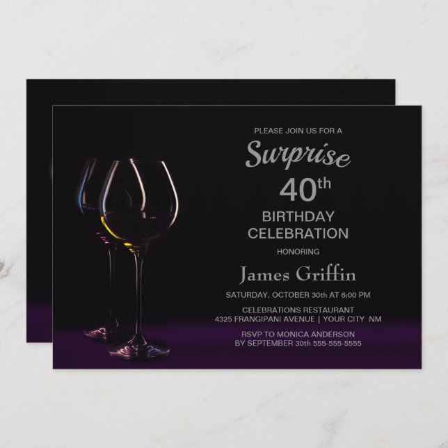 Black Purple Surprise 40th Birthday Wine Glass Invitation (Front/Back)