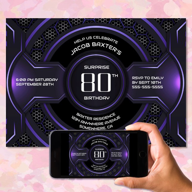 Black Purple Surprise 80th Birthday Party Invitation (Creator Uploaded)