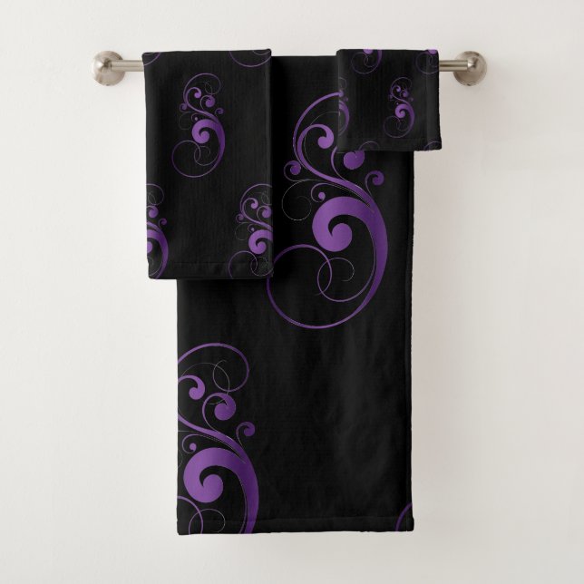 Black & Purple Swirl Bathroom Towel Set (Insitu)