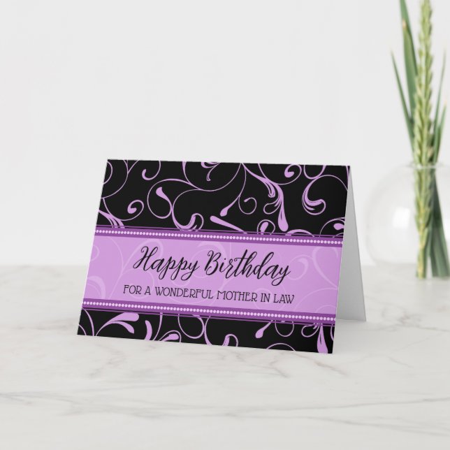 Black Purple Swirls Mother in Law Birthday Card (Front)