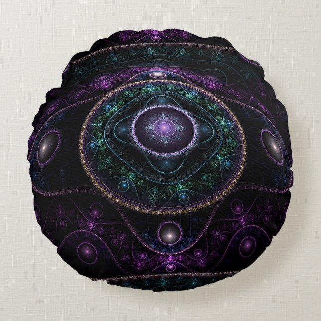 Black Purple Teal Glow Magic Sphere Round Cushion (Front)