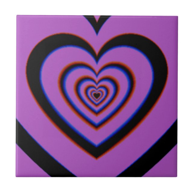 Black Purple Trippy Hypnotic Heart Love Pattern Ceramic Tile (Front)