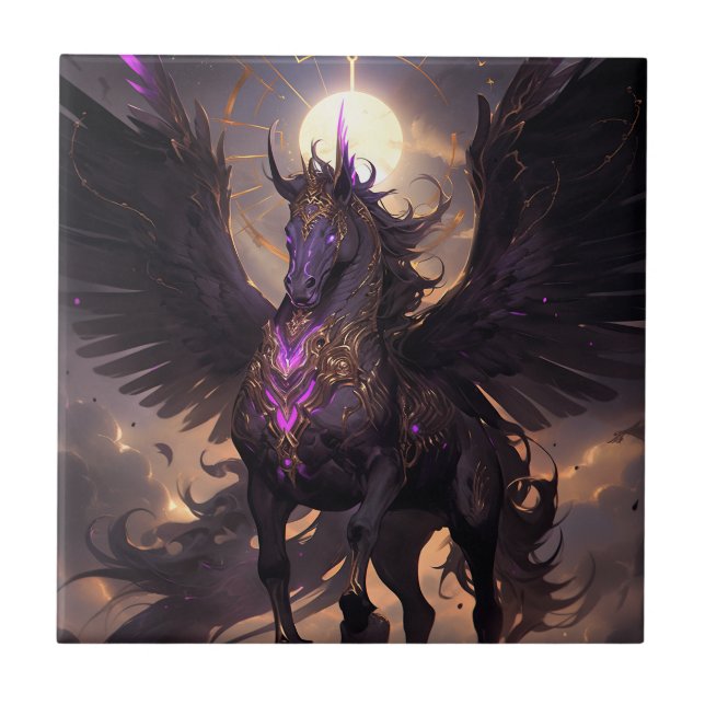 Black Purple Unicorn Fantasy Art Ceramic Tile (Front)