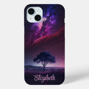Black Purple Universe Tree Starry Night Name iPhone 15 Mini Case