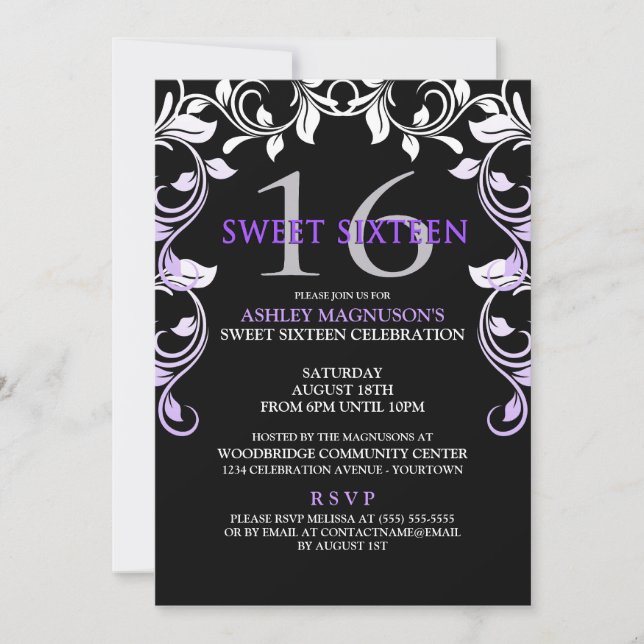 Black/Purple Vines Sweet 16 Invitation (Front)